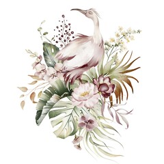 Fototapeta premium Pink ibis with tropical flowers and leaves. Watercolor illustration of a flamingo. Waterfowl of the American park. Exotic animal on a white background. Monstera, orchid and banana leaf.