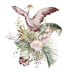 Pink ibis with tropical flowers and leaves. Watercolor illustration of a flamingo. Waterfowl of the American park. Exotic animal on a white background. Monstera, orchid and banana leaf.
