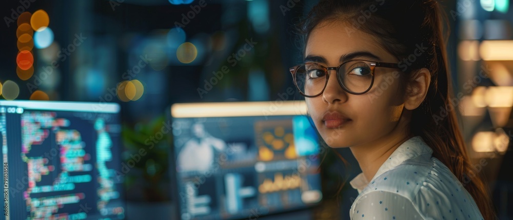 Poster an indian it programmer wears glasses and develops a powerful app in an inclusive environment. diver