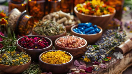 table full with natural supplements, herbs, dried flower and pills