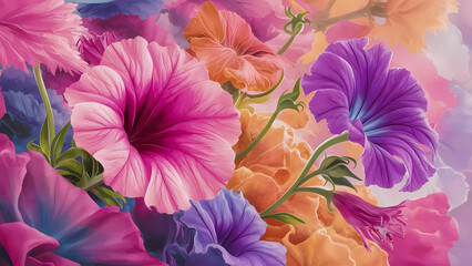 La esencia de la primavera: petunias en flor, un festival floral de rosa, rojo y naranja, adornando la naturaleza con su esplendor - obrazy, fototapety, plakaty