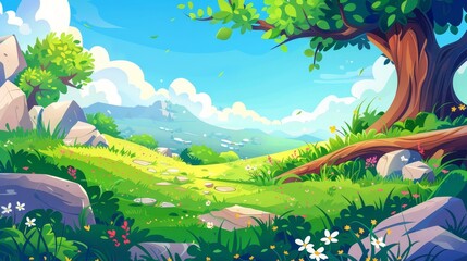 Natural scene with meadow, logs, trees, bushes with flowers and rocks on horizon. Modern cartoon illustration of spring landscape with lawn on mountain valley, green grass.