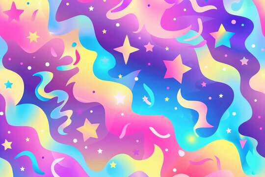 A kaleidoscope of color! Pink, blue, green, purple, yellow, and orange intertwine in an abstract design, all under a magical blanket of stars.
