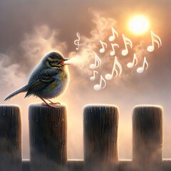 A small bird is perched on a wooden post, singing into the warm glow of the sunrise with musical notes that are floating away in the morning mist