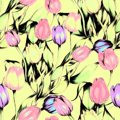 Seamless pattern with hand drawn tulips. Vintage floral ornament. Spring botanical design.	
