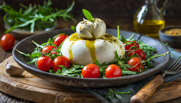 vegetable burrata salad with cheese and tomatoes