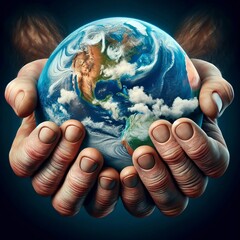 Two hands are cradling the Earth, highlighting a sense of protection and care for the planet