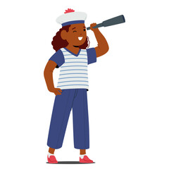Young Girl Character In A Striped Sailor Costume Peers Through A Spyglass With Curiosity, Isolated On White Background
