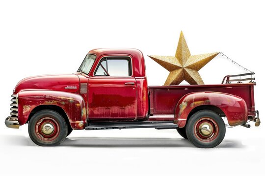 Side view of an old red truck carrying large gold Christmas star decorations isolated on white background