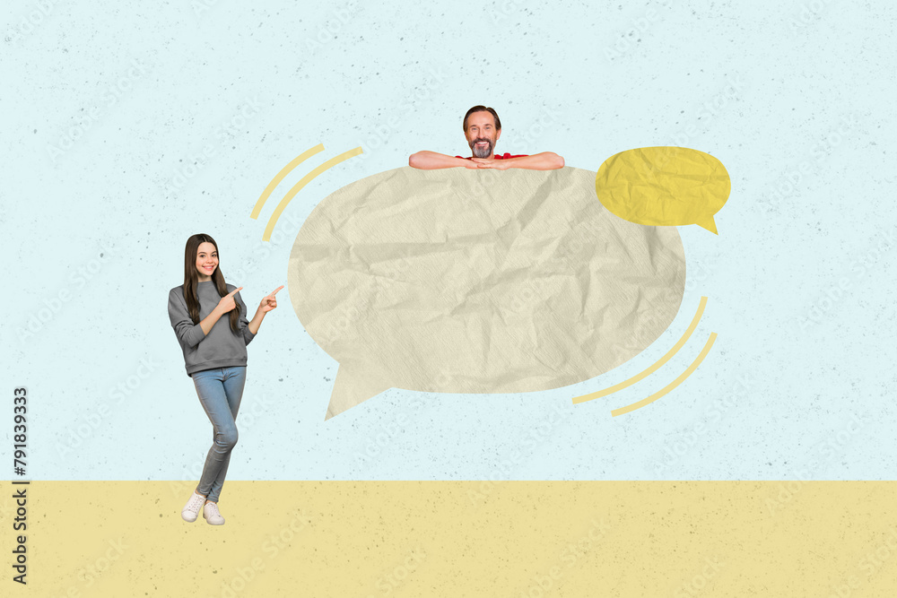 Sticker Sketch image composite collage of two people man lady couple friends talk mind speech box girl show gesture finger guy appear from cloud