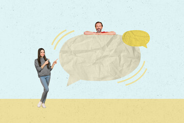 Sketch image composite collage of two people man lady couple friends talk mind speech box girl show gesture finger guy appear from cloud