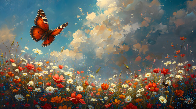 Whirlwind Whispers: Fluttering Butterflies Amidst a Tempest of Blooming Petals