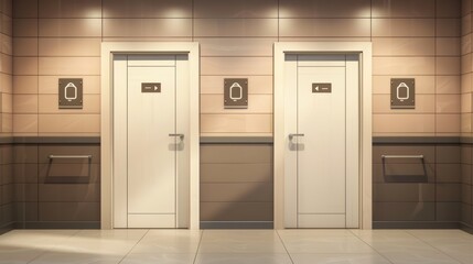 Male and female visitor entrances to a public restroom. Two white doors with metal handles and a man or woman black pictogram. Office bathroom gender concept, realistic 3D modern illustration.