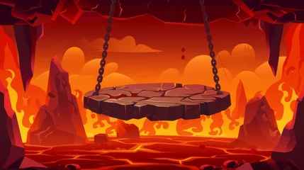 Keuken foto achterwand The inferno landscape behind the game battle arena is filled with stone circles suspended on chains. The fire and lava are as hot as the ring around the fight. Modern cartoon illustration of the ring © Mark