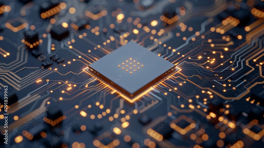 Poster advanced technology concept with elements like cpu, microchip, computing processor, and electronic c