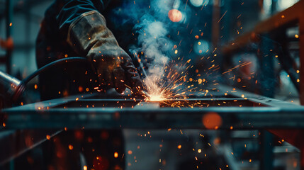 Working as a welder in a factory. Welding of metal structures. Close-up hand.  - obrazy, fototapety, plakaty