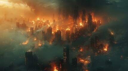 Obraz na płótnie Canvas The blazing fires in a technologically advanced metropolis serve as a grim symbol of the environmental emergency.