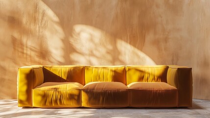 Elegant, modern three-seat sofa with yellow velvet upholstery, showcasing minimalist chic on an isolated background