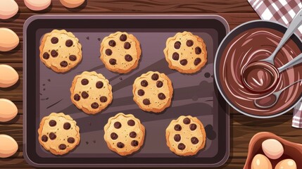 Cookie sheet on top of kitchen table. Chocolate melted in a bowl on wooden counter as it cooks with eggs, dough and melted chocolate. Modern illustration of cookies.