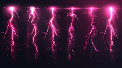 Isolated on transparent background, virtual 3d modern bolts collection showing lightning strikes, electric thunderbolt strikes, red impacts, cracks, magical energy flashes.