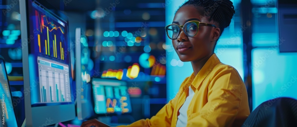 Poster an it technician is utilizing a desktop computer, using big data statistics to do graphs and statist