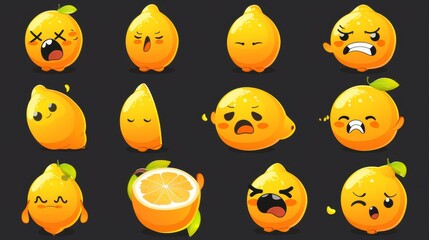 An emoji set with fresh lemon with face and hands isolated on black background, modern cartoon illustration with a different facial expression.