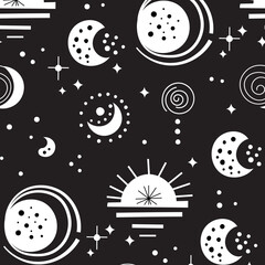 Seamless neo folk patterns with moon, cloud, sun and stars, black and white celestial design. Set Neo folk style endless backgrounds perfect for textile design.