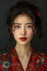 Portrait of a beautiful East Asian woman taken in a professional studio setting with a plain background. Generated using artificial intelligence technology.