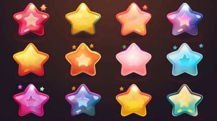 Cartoon illustration showing the stars game score filling up the frame from empty to full. Ui or GUI rate yellow golden glossy assets for app user interface and display, achievement for winners, - obrazy, fototapety, plakaty
