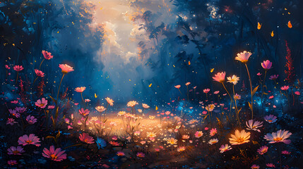 Fototapeta na wymiar Enchanted Glow: Bioluminescent Blossoms and Butterflies Cast a Spell of Wonder