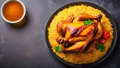 Chicken-Mandy-top-view-The-national-Saudi-Arabian-dish-chicken-kabsa-with-rice-mandi--arab-cuisine - obrazy, fototapety, plakaty