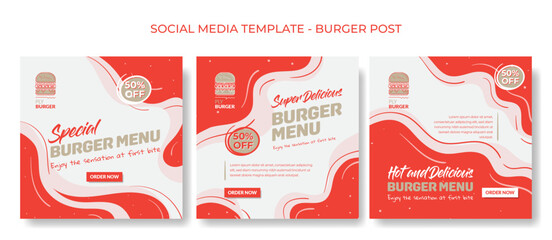 Set of social media post template in red and white liquid waving background for food advertising