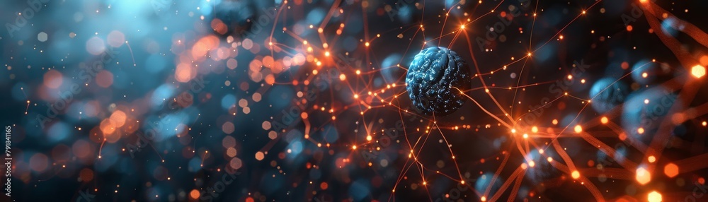 Poster futuristic technology backdrop featuring interlinked digital cells and synthetic neural pathways, cu