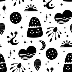 Seamless neo folk art vector pattern with mountains, moon and flowers, black and white floral design. Neo folk style endless background perfect for textile design.