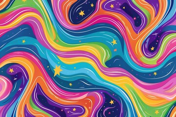 A mesmerizing abstract pattern featuring swirling waves in vibrant pink, blue, green, purple, yellow, and orange, with a magical starry background. - obrazy, fototapety, plakaty