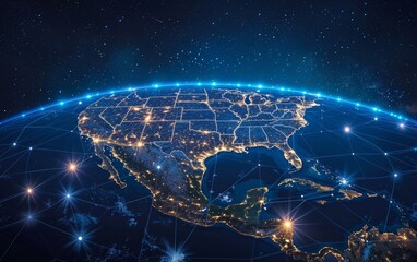 The concept of a connected global network illustrated through a digital globe focused on North America, showcasing data transfer, cyber technology, information exchange, and telecommunication.