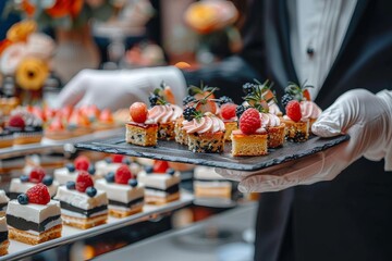 A waiter in formal attire presents a tray of exquisite desserts, showcasing an array of colorful fruit toppings and garnishes