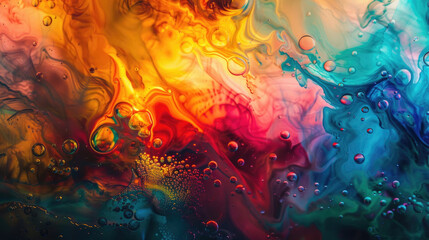 A vibrant painting with various colors and textures, adorned with water drops creating a unique visual effect
