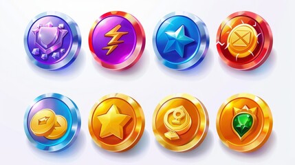 Coins with gold star and lightning signs included in this set of modern cartoon icons for game UI interface. Symbols of trophy, award, bonus, rating with gold, silver and bronze badges, coins with