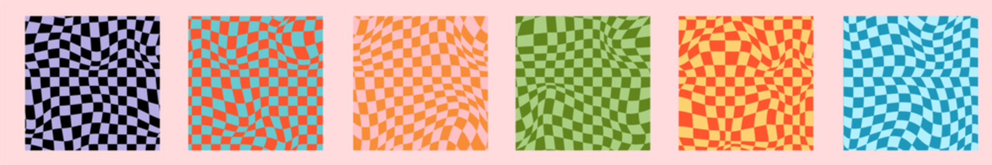 Psychedelic checkerboard background set. Wavy vector illustrations, trendy psychedelic style and groovy color checkerboard.
