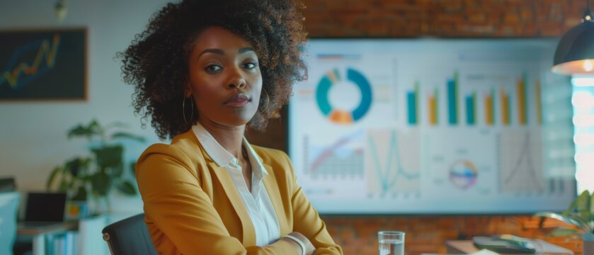 An Operations Director holds a Sales Meeting for employees and executives. A creative black female uses a TV screen to present growth analysis, charts, and ad revenue.