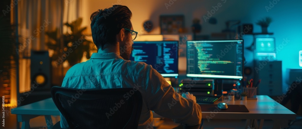 Poster an entrepreneur working on two desktop computers at night. he is writing code, creating modern softw