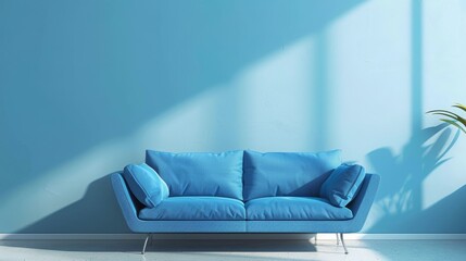 Versatile blue couch in a minimalist, eco-friendly room design, perfect for small spaces, on a stark background - obrazy, fototapety, plakaty