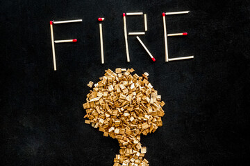 Symbol of fire in woods with tree from kindling and word fire from matches on black background top...