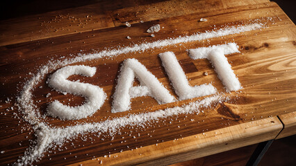 Sprinkled white sea salt letters spelling the word 'salt' on an old wooden kitchen table. - obrazy, fototapety, plakaty