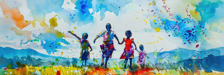 A painting depicting three children happily playing in a grassy field, laughing and running around under a bright sky