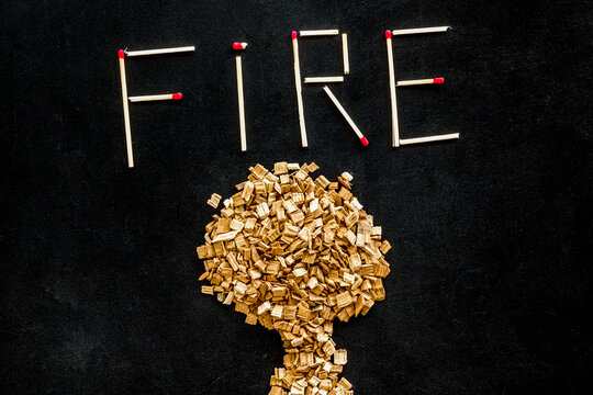 Symbol of fire in woods with tree from kindling and word fire from matches on black background top view