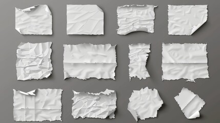 An old torn paper sheet isolated on a gray background. White ripped and crumpled notes and scraps. Blank paper pages pieces, modern realistic illustration.