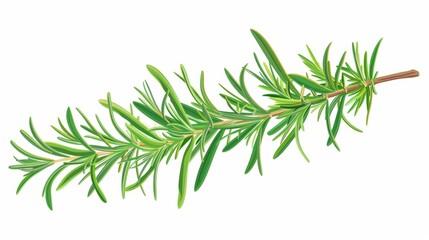 A rosemary plant with green leaves isolated on white background. Aromatic herbs used in cooking food. Rosemary sprig modern illustration.