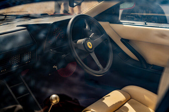 Ferrari Testarossa Steering Wheel and Gear Selector Abstract Viewed through Passenger Window